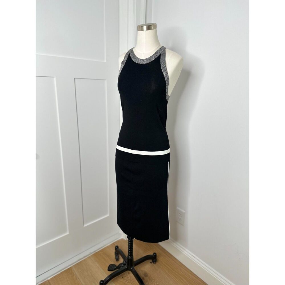 Rag & Bone Black Knit Set – Silver Trim Tank (S) & Piped Midi Skirt (M)